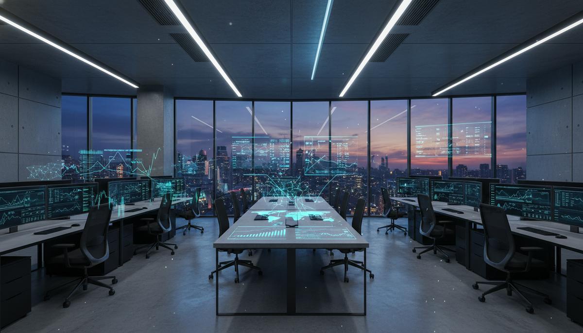 Интерьер высокотехнологичного корпоративного офиса с пустыми рабочими местами и экранами, отображающими финансовые графики, на фоне городского горизонта.