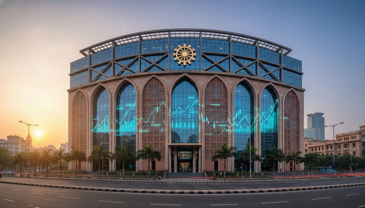 Современное здание индийского банка на фоне утреннего городского пейзажа, с отражением стилизованных финансовых графиков в стеклянных поверхностях.