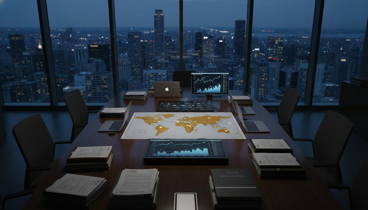 Современный офис с конференц-столом, юридическими документами, финансовыми графиками и картой мира, указывающей на Ближний Восток и Африку.