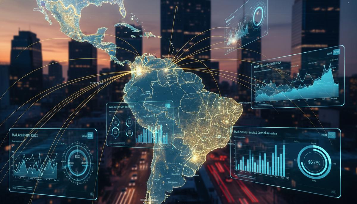 Цифровые графики сделок M&A на фоне современного финансового центра Латинской Америки на закате.