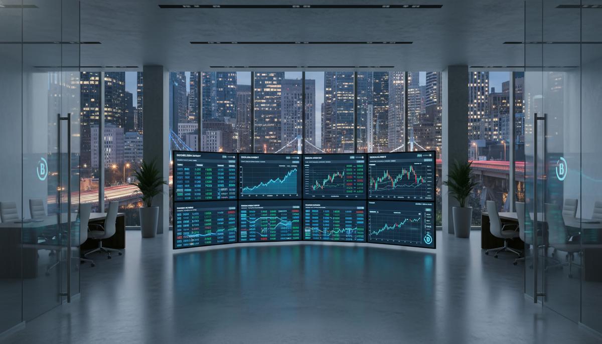 Современный интерьер банка с цифровыми экранами, отображающими финансовые данные, вид на городской финансовый район.