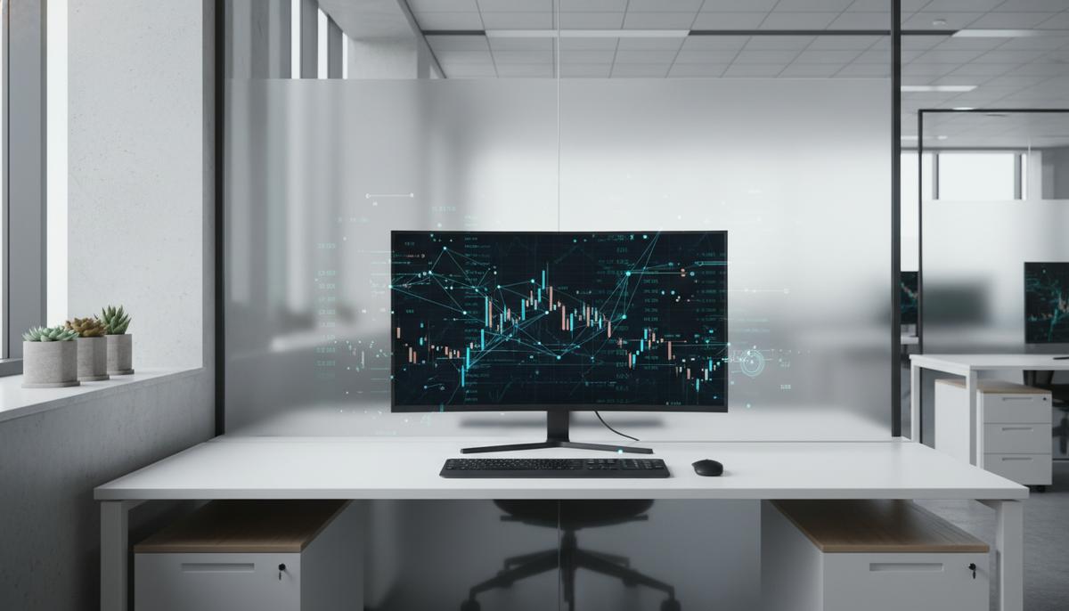 Современный корпоративный офис без людей, с пустым рабочим местом и экраном, отображающим финансовые данные.