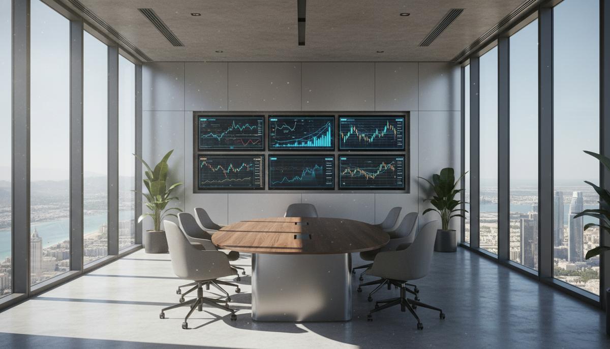 Современный интерьер офиса в небоскребе с панорамным видом на город, большой конференц-стол, стулья, экраны с финансовыми графиками.