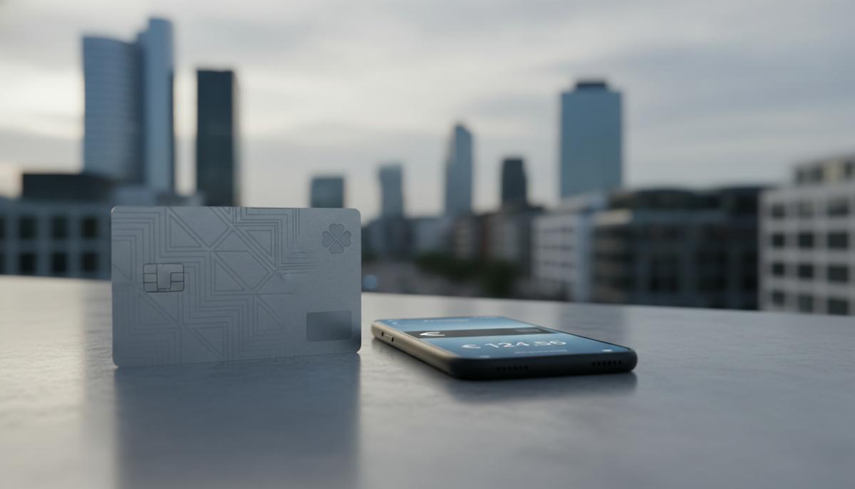 Современная европейская платежная карта и смартфон с экраном цифрового кошелька крупным планом, на фоне размытого городского пейзажа Европы.