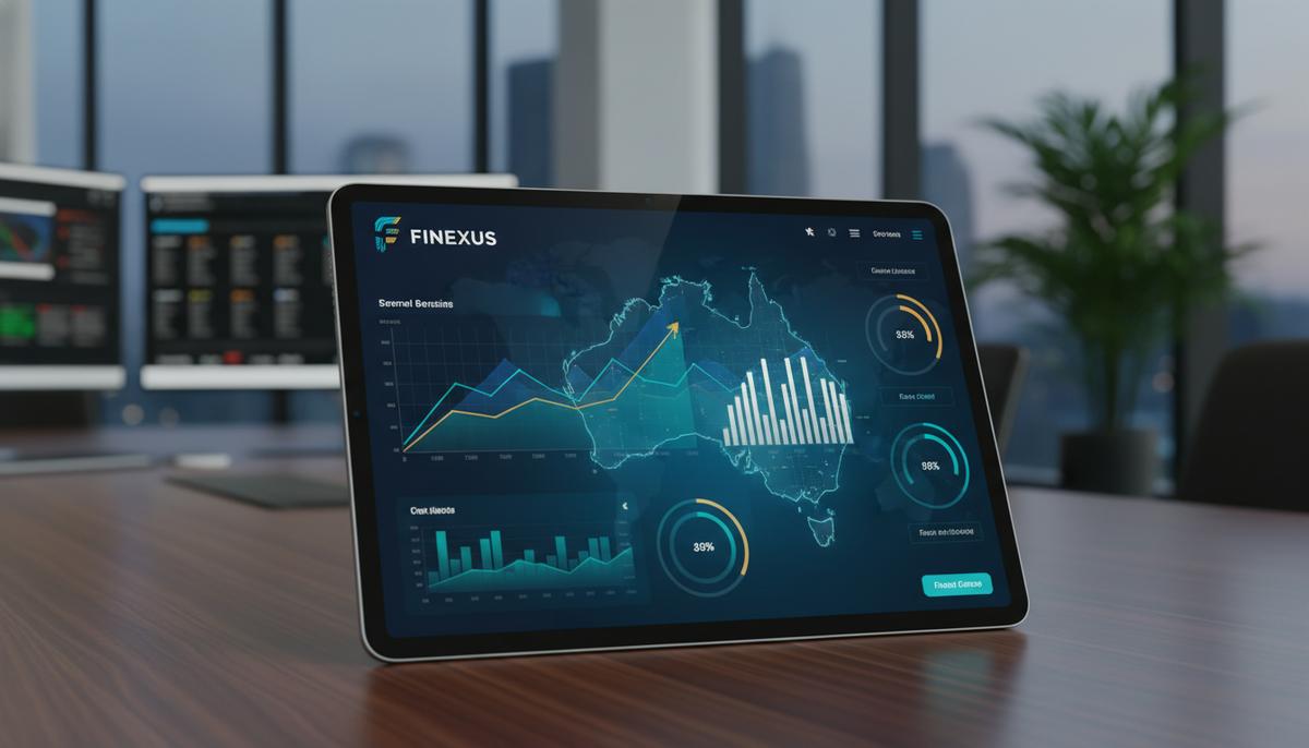 Цифровой интерфейс банковского приложения на планшете с финансовыми графиками и картой Австралии на фоне офисного пейзажа.