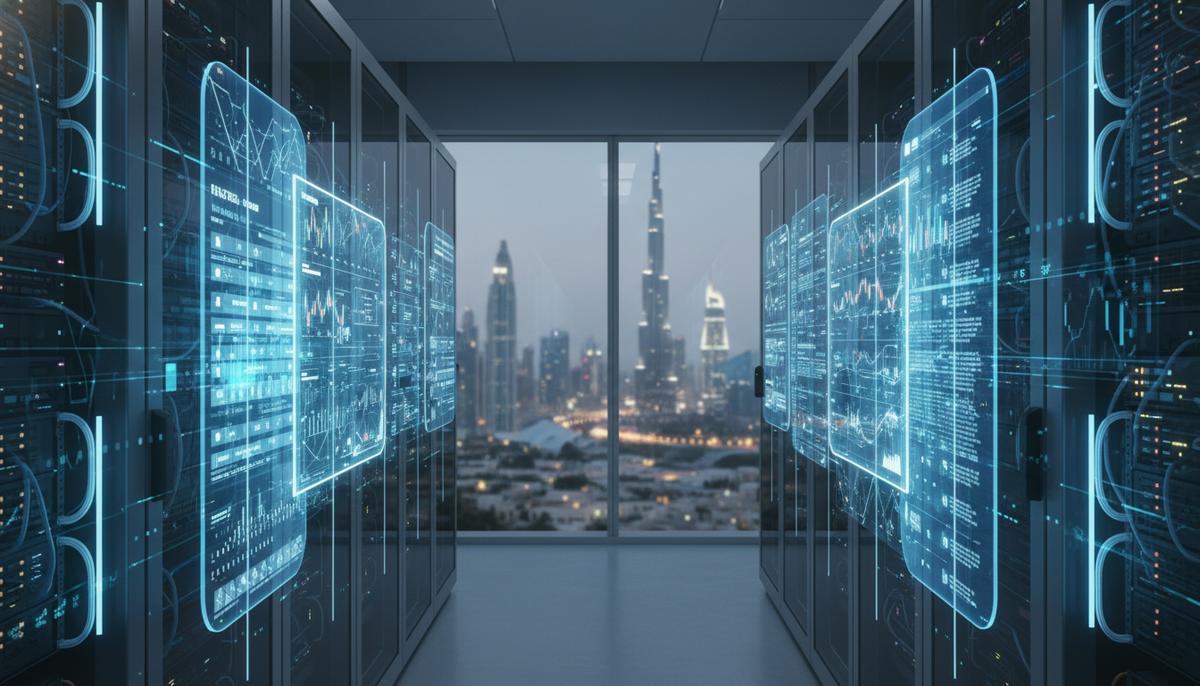Современный серверный зал с рядами стоек, заполненных оборудованием, и проекциями цифровых данных. На заднем плане размытый городской пейзаж Дубая со знаковыми зданиями.