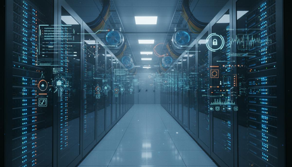 Серверная комната с рядами светящихся стоек, символизирующая современную банковскую инфраструктуру и цифровые потоки данных.