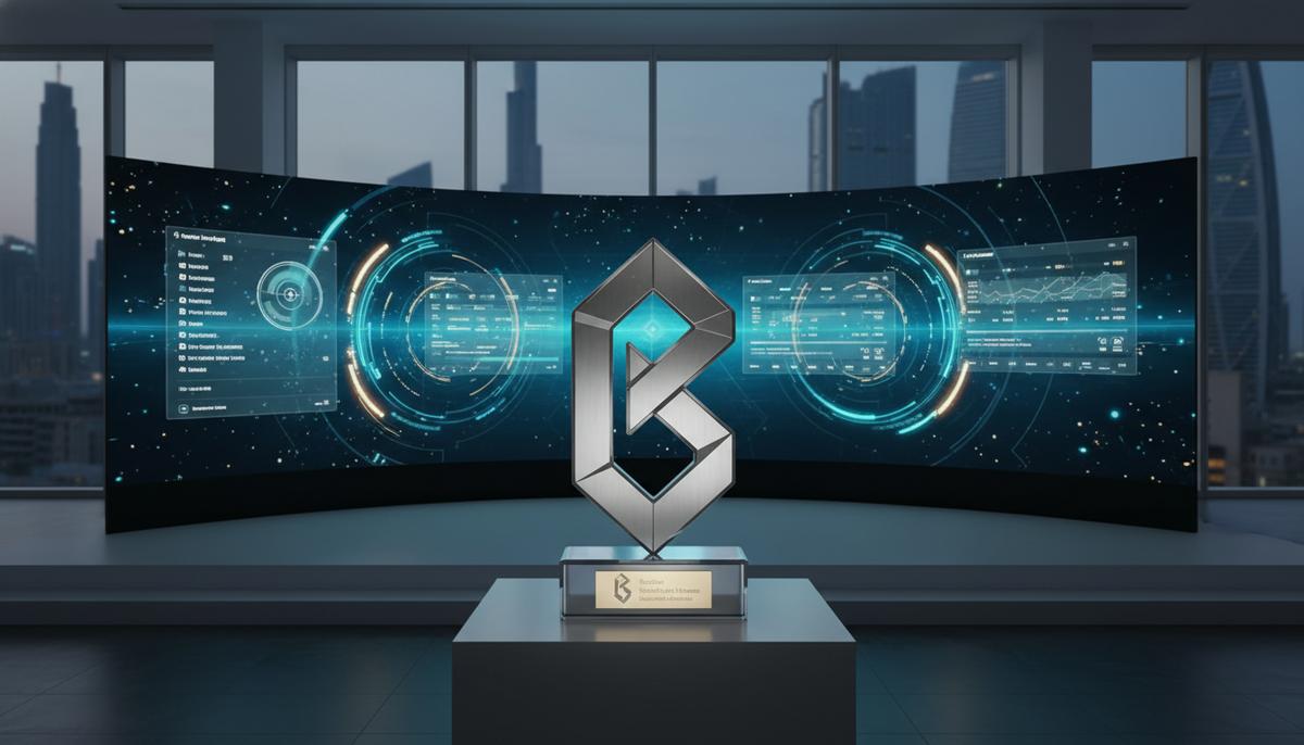 Футуристический трофей на сцене с цифровыми экранами, отображающими финансовые данные, на фоне современного горизонта Дубая.