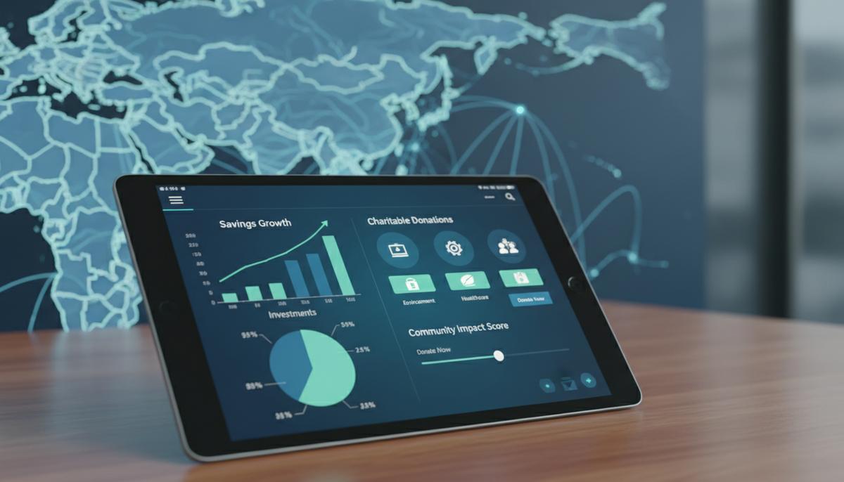 Цифровой интерфейс банковского приложения на планшете с графиками сбережений и благотворительными опциями, на фоне карта Западной Пацифики.