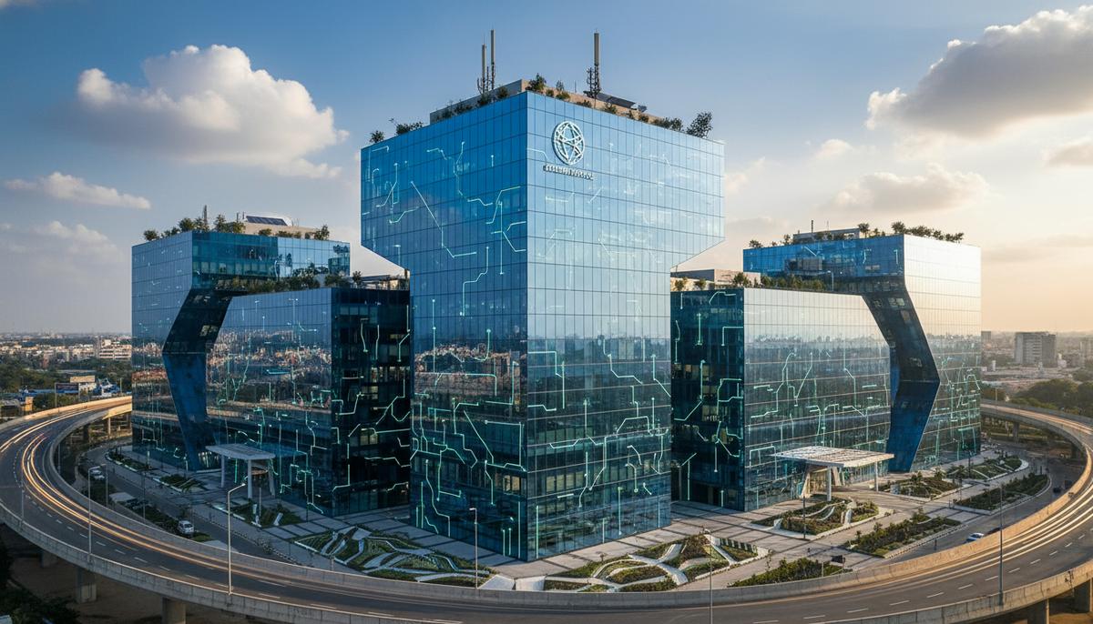 Современное офисное здание банка UBS в городе Хайдарабад, Индия, с отражающими элементами и городским пейзажем.