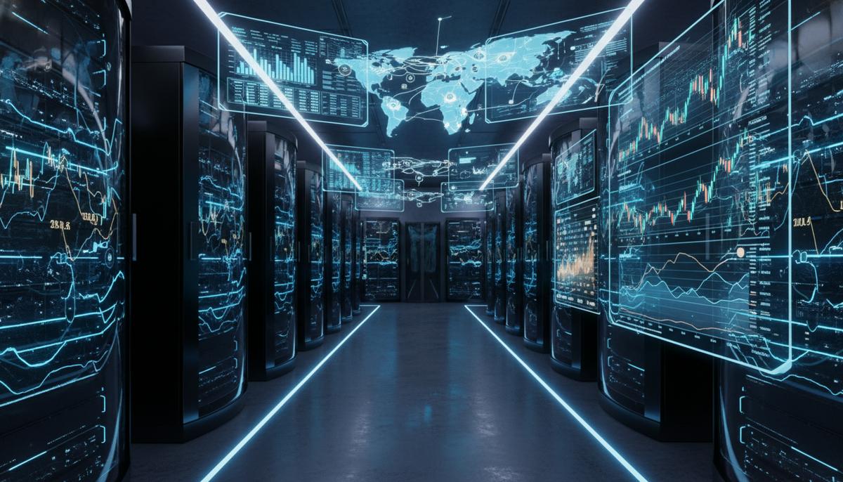 Изображение серверного оборудования, цифровых графиков на экранах и абстрактных сетей, символизирующих финансовые операции и искусственный интеллект.