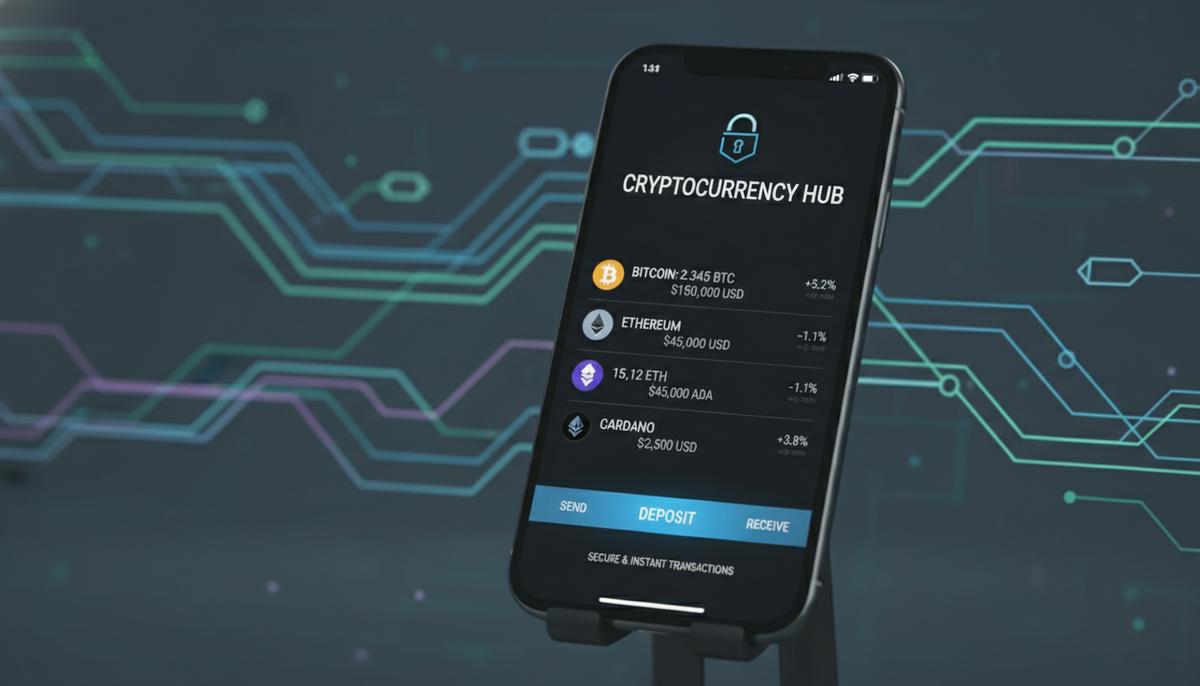 Интерфейс цифрового кошелька MoonPay на экране смартфона с балансами криптовалют. На заднем плане абстрактные символы блокчейна и сетевые соединения.