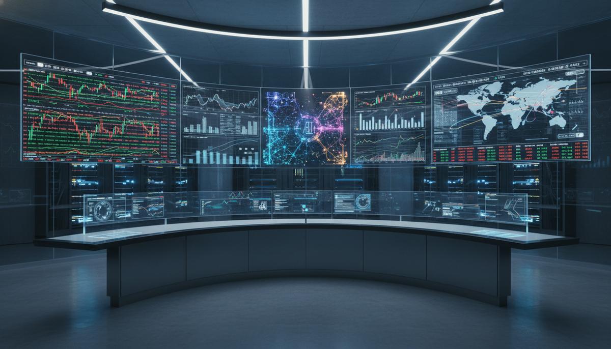Интерьер современного банковского дата-центра или аналитического хаба с крупными цифровыми экранами, отображающими финансовые данные и графики.