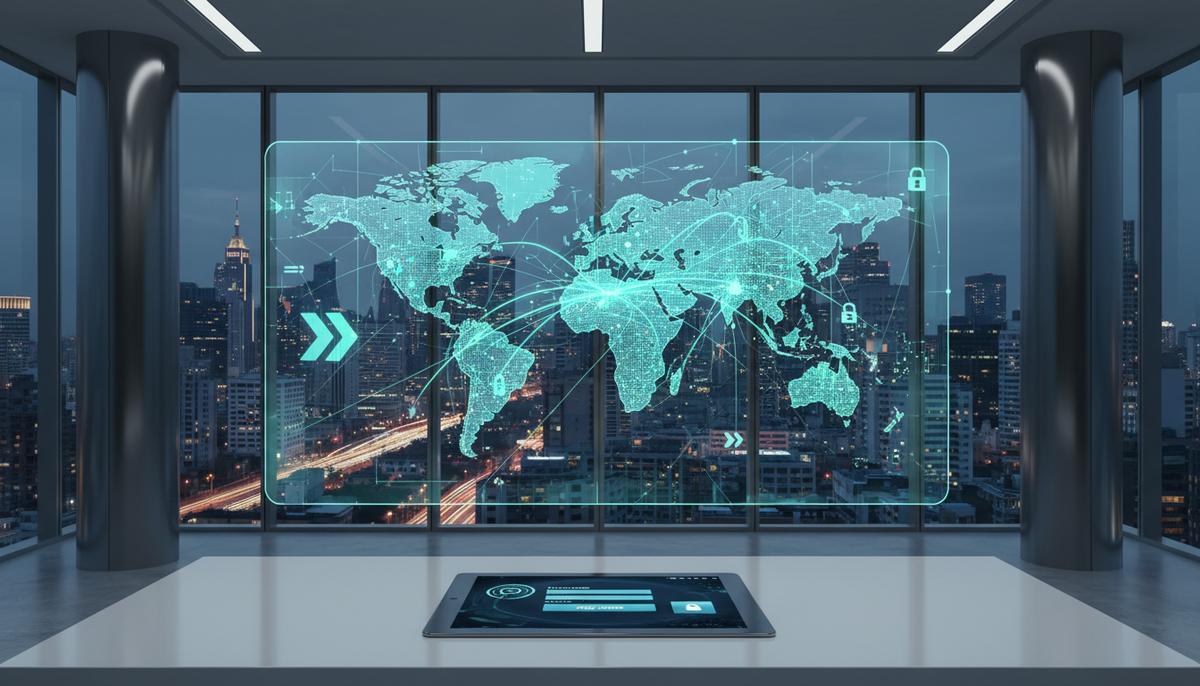 Razorpay выбирает банки-консультанты для IPO на $700 млн Современный офис финансовой компании с большим экраном, отображающим глобальные цифровые платежные сети и карту мира. На столе планшет с интерфейсом онлайн-платежей, за окном видны небоскребы города.