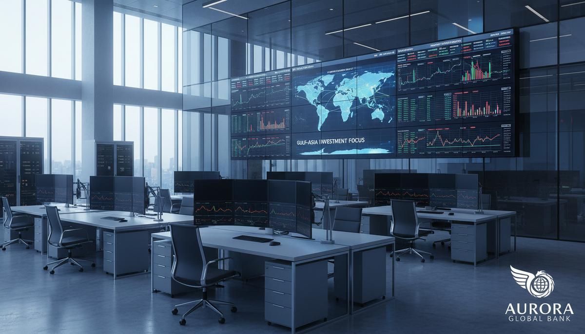 Современный финансовый зал с большими экранами, отображающими мировые рынки, графики и карту, выделяющую Ближний Восток и Северную Азию.