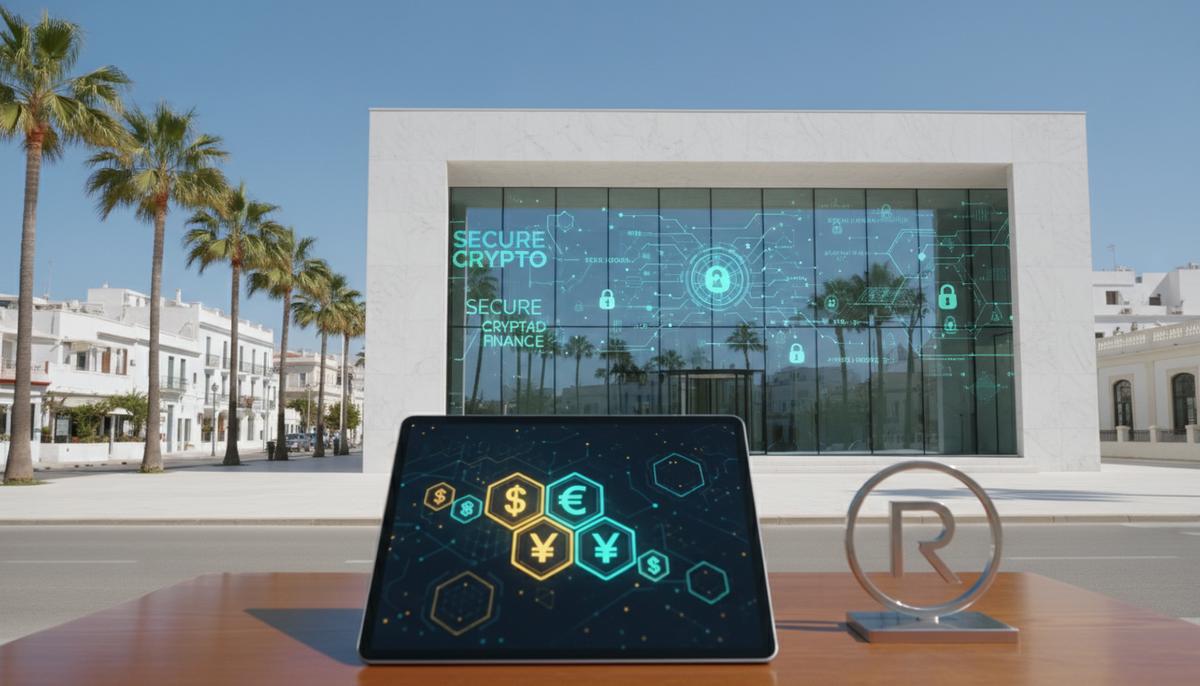 Современное финансовое здание на Мальте с цифровыми элементами платежного интерфейса, планшет с символами блокчейна и стейблкоинов.