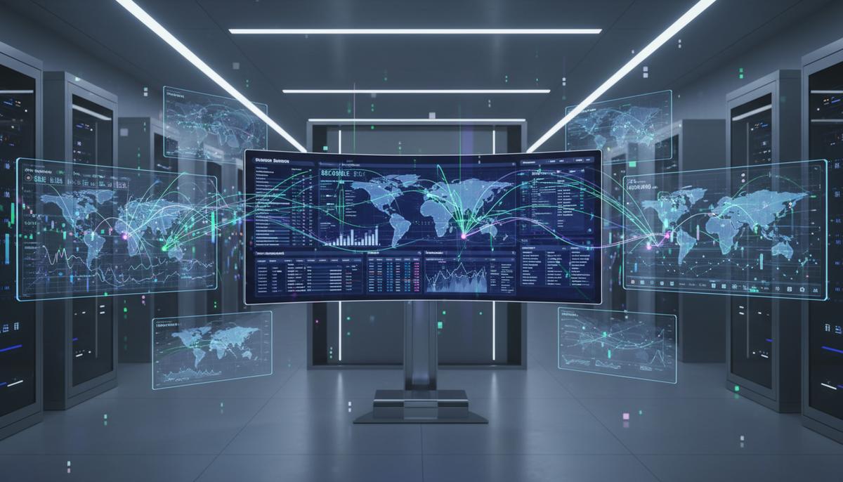 Цифровой поток финансовых данных, отображаемый на мониторах в современном банковском центре. Сложные графики и сетевые подключения.