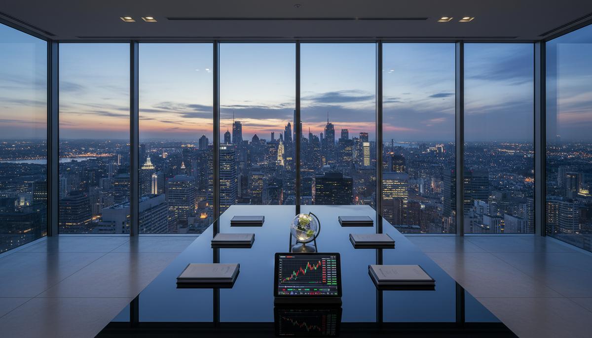 EFG International и Capital Group объединяют усилия для расширения инвестиционных предложений Современный интерьер финансового офиса с видом на вечерний городской пейзаж. На полированном столе лежат финансовые отчеты, планшет с биржевыми данными и глобус, символизирующий глобальные рынки.