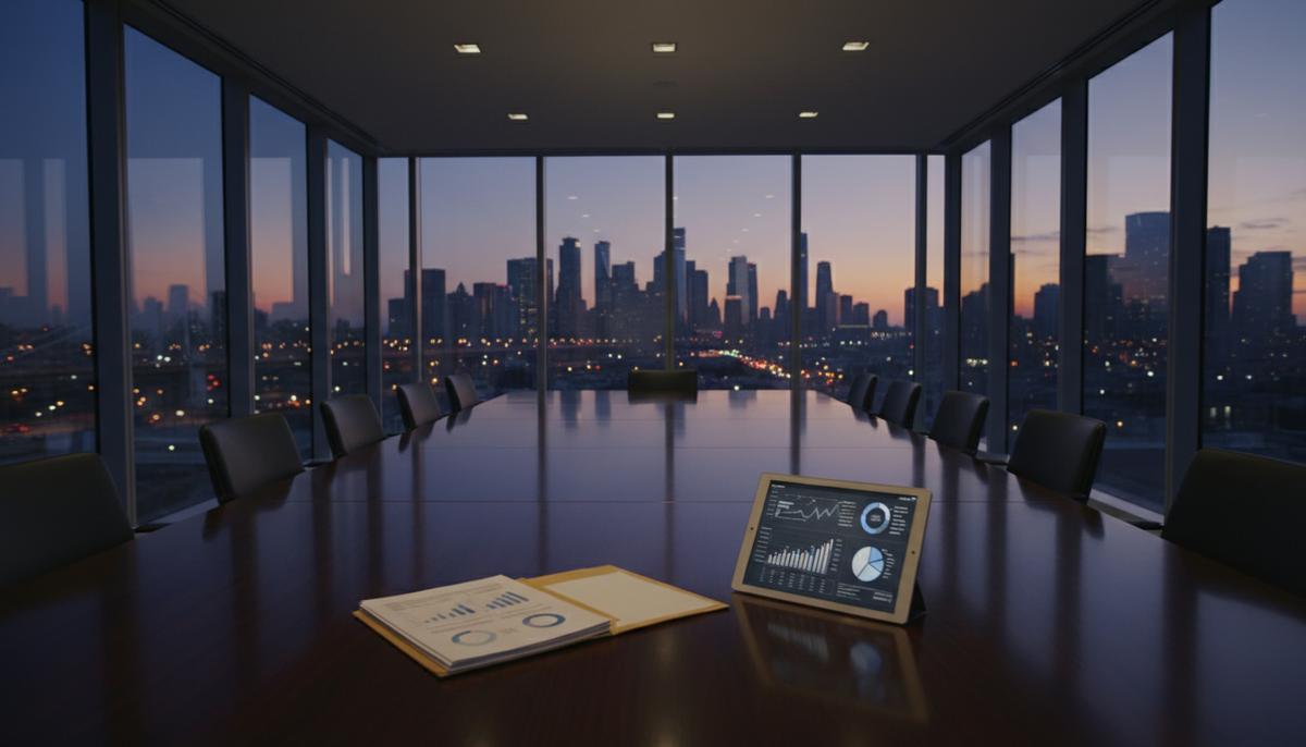 Lloyds Banking Group пересматривает использование данных сотрудников в зарплатных переговорах Конференц-зал с темным столом, папкой с финансовыми документами и планшетом с данными. Вид на городской пейзаж.