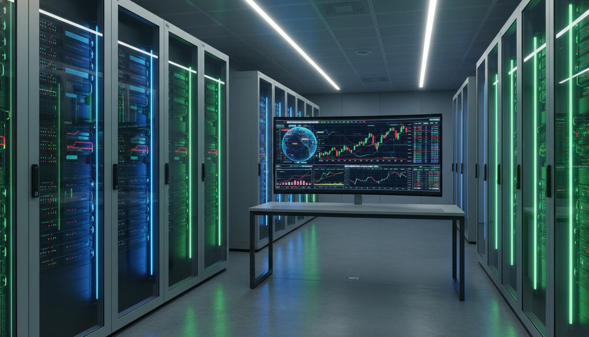 AllianceBernstein модернизирует инфраструктуру с помощью SimCorp One Серверный зал финансовой компании, ряд стоек, экраны с графиками и картой мира