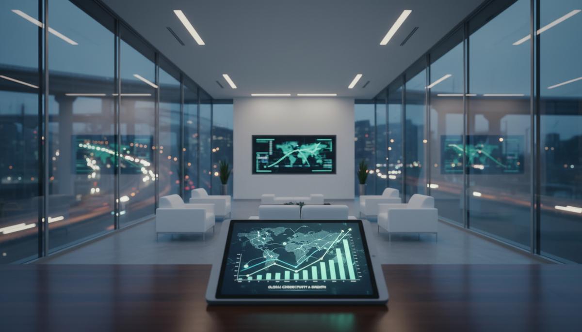 Современный офисный интерьер финансового учреждения с цифровым дисплеем, показывающим графики роста и финансовые данные.