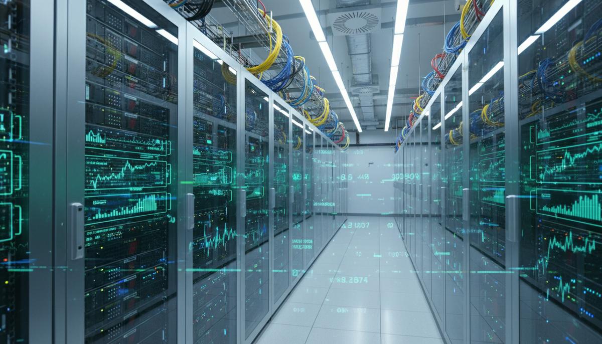 Royal Bank of Canada создает ИИ-группу для ускорения технологического развития Современный центр обработки данных с серверными стойками, кабелями и цифровыми данными на экранах, символизирующий банковские ИИ-технологии.