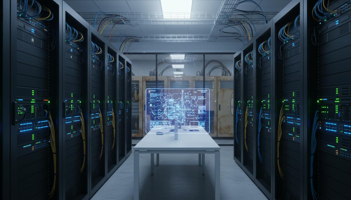Synechron и Cognition объединяют ИИ для ускорения модернизации банковских систем Современный серверный зал с рядами стоек для оборудования. Над рабочим столом парит абстрактный цифровой интерфейс ИИ. На заднем плане видны элементы устаревших серверных систем.