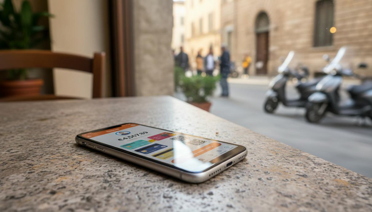 Итальянский регулятор оштрафовал Revolut на 11,5 млн евро Смартфон с открытым банковским приложением лежит на каменном столе на фоне залитой солнцем улицы в Италии.