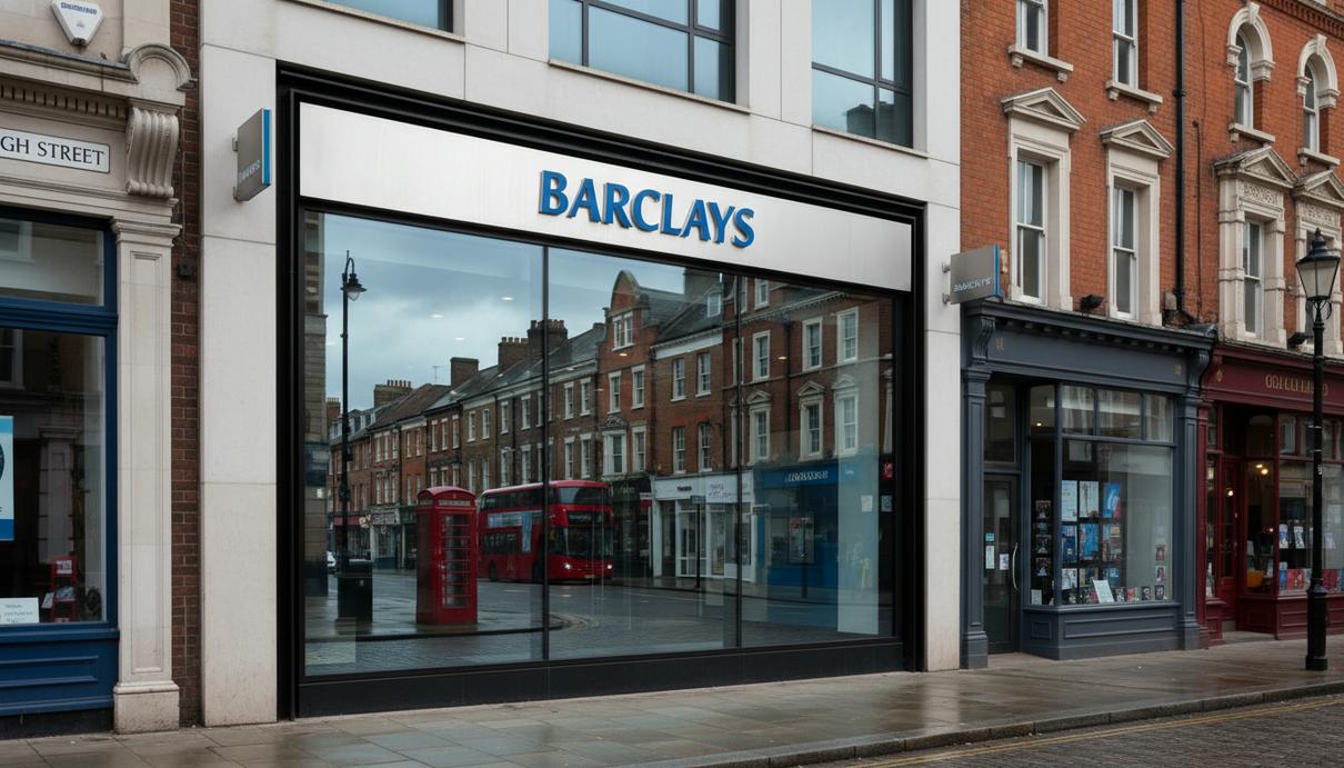 Barclays вернется к расширению физической сети отделений Фасад здания отделения банка Barclays с синим логотипом на оживленной городской улице.