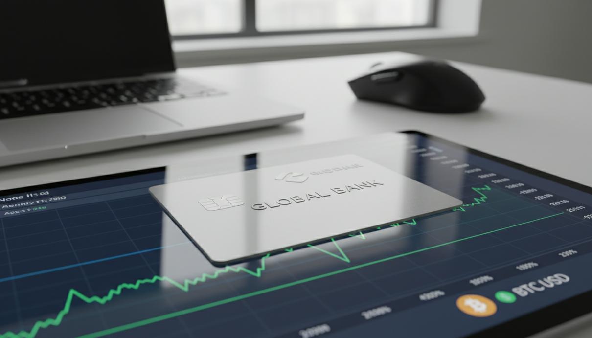 FUTR и EQITrade создадут банковскую платформу для операций с ИИ-агентами Серебристая банковская карта на экране планшета с финансовыми графиками в минималистичном офисе