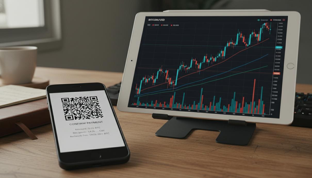 Paysafe запускает прием криптовалют для американского игрового сектора Смартфон с QR-кодом для оплаты на экране и планшет с финансовыми данными на офисном столе