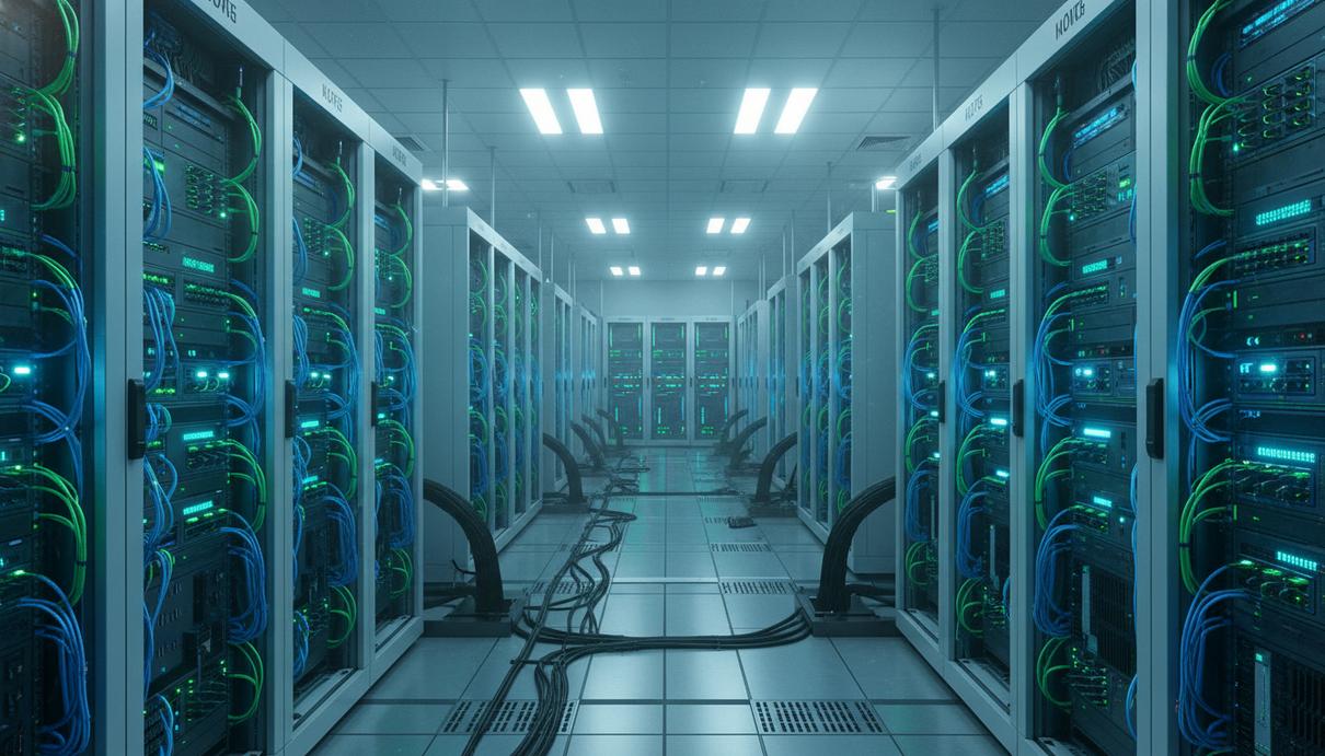 Британские власти обсуждают создание системы проверки банковского ИИ Ряды серверных стоек с мигающими индикаторами и проводами в темном технологическом помещении.