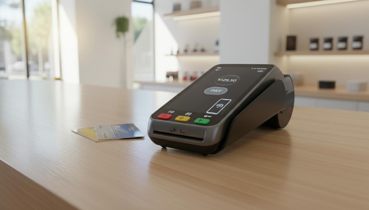 Worldline продает платежный бизнес в Новой Зеландии за 17 млн евро Современный платежный терминал на деревянном прилавке магазина.
