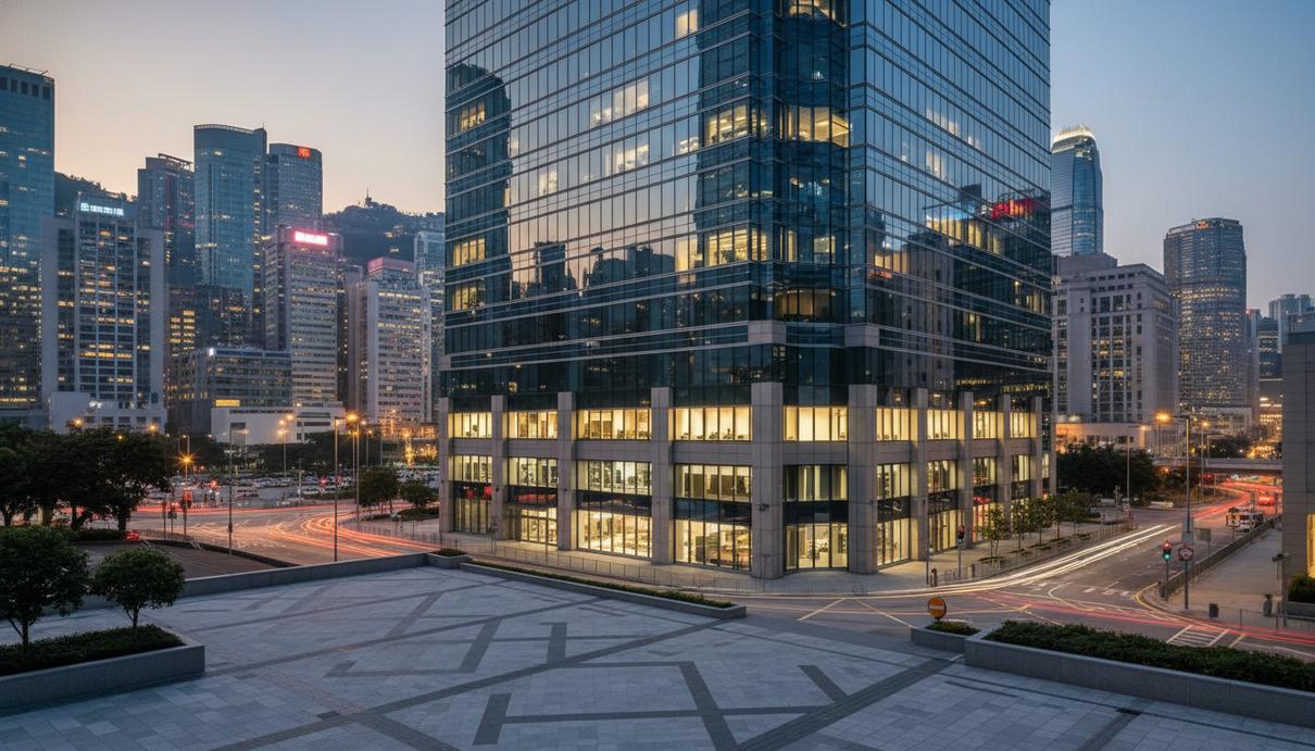 Стеклянный фасад офисного здания в финансовом районе Гонконга в вечернее время
