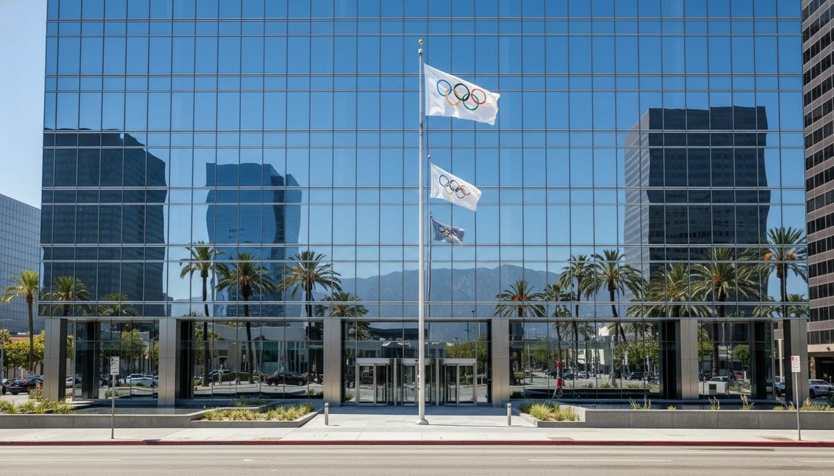 Стеклянный фасад офисного здания в Лос-Анджелесе, отражающий небо и пальмы, с олимпийским флагом перед входом.
