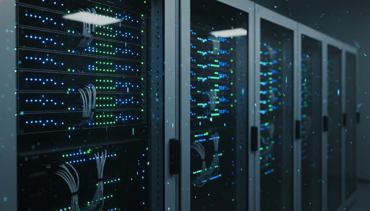 Светящиеся серверные стойки в темном зале центра обработки данных финансовой организации.