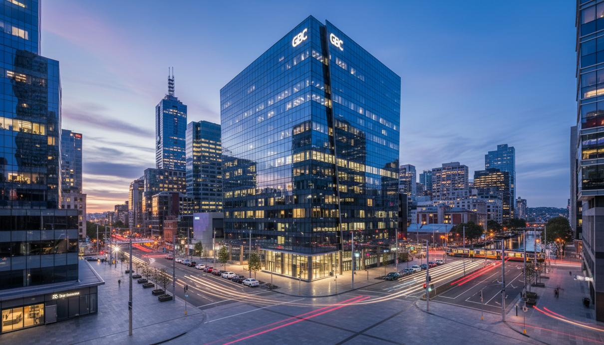 Современное здание банковского центра в Мельбурне с зеркальным фасадом и вечерней подсветкой.