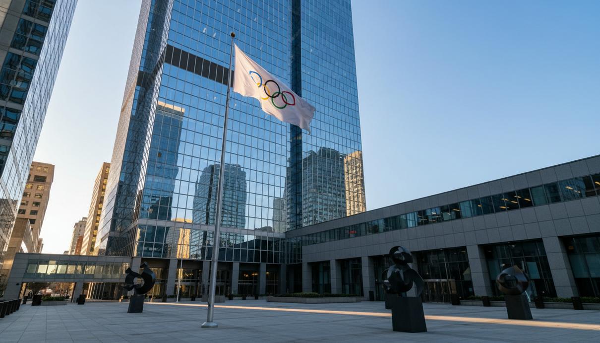 Стеклянный фасад офисного здания с эмблемой банка и развевающийся олимпийский флаг на флагштоке.