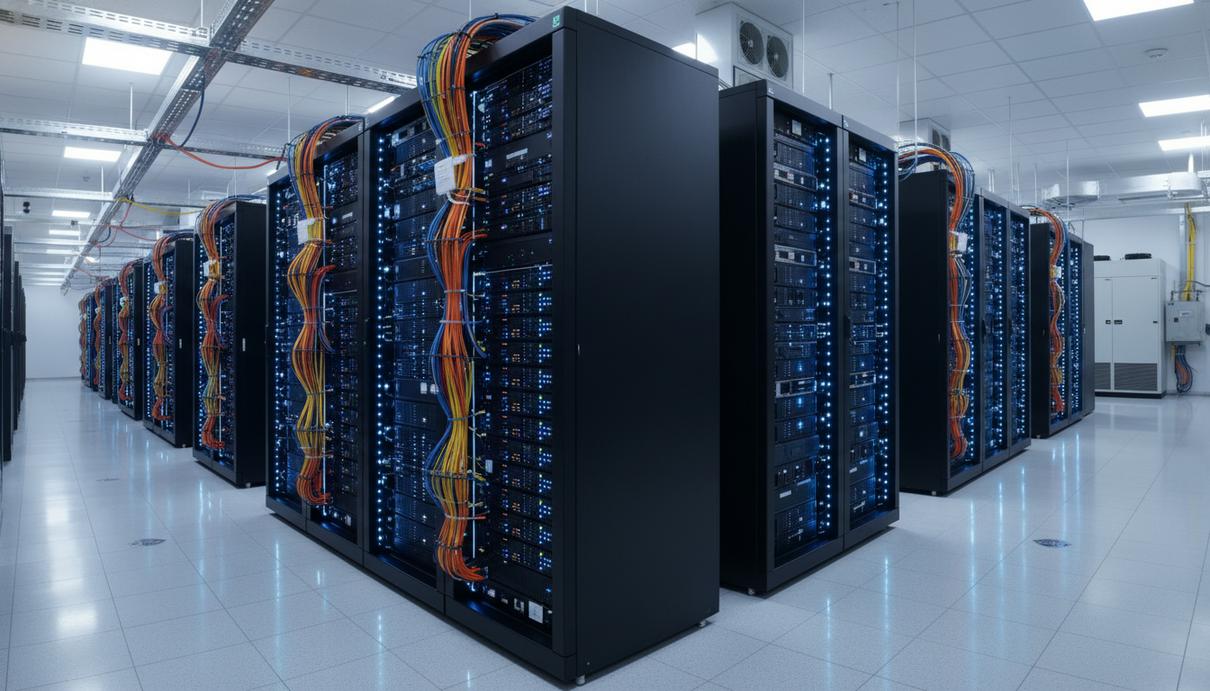 Ряды серверного оборудования в современном дата-центре со светящимися индикаторами данных