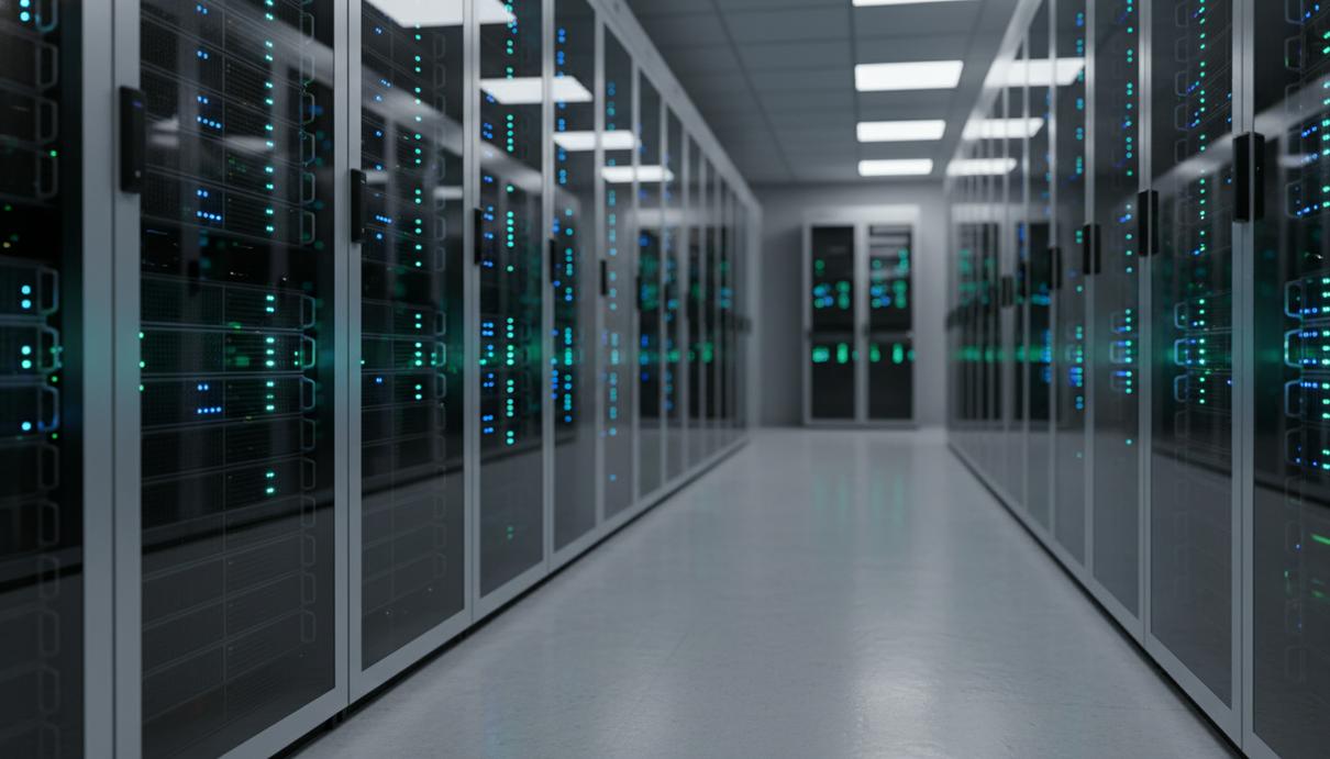 Современный серверный зал с рядами оборудования и светящимися индикаторами в пустом коридоре
