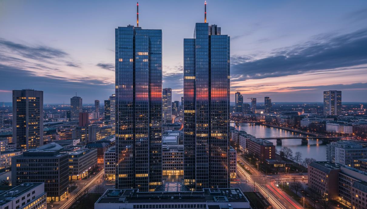 Стеклянные фасады башен-близнецов штаб-квартиры Deutsche Bank во Франкфурте на фоне вечернего неба.
