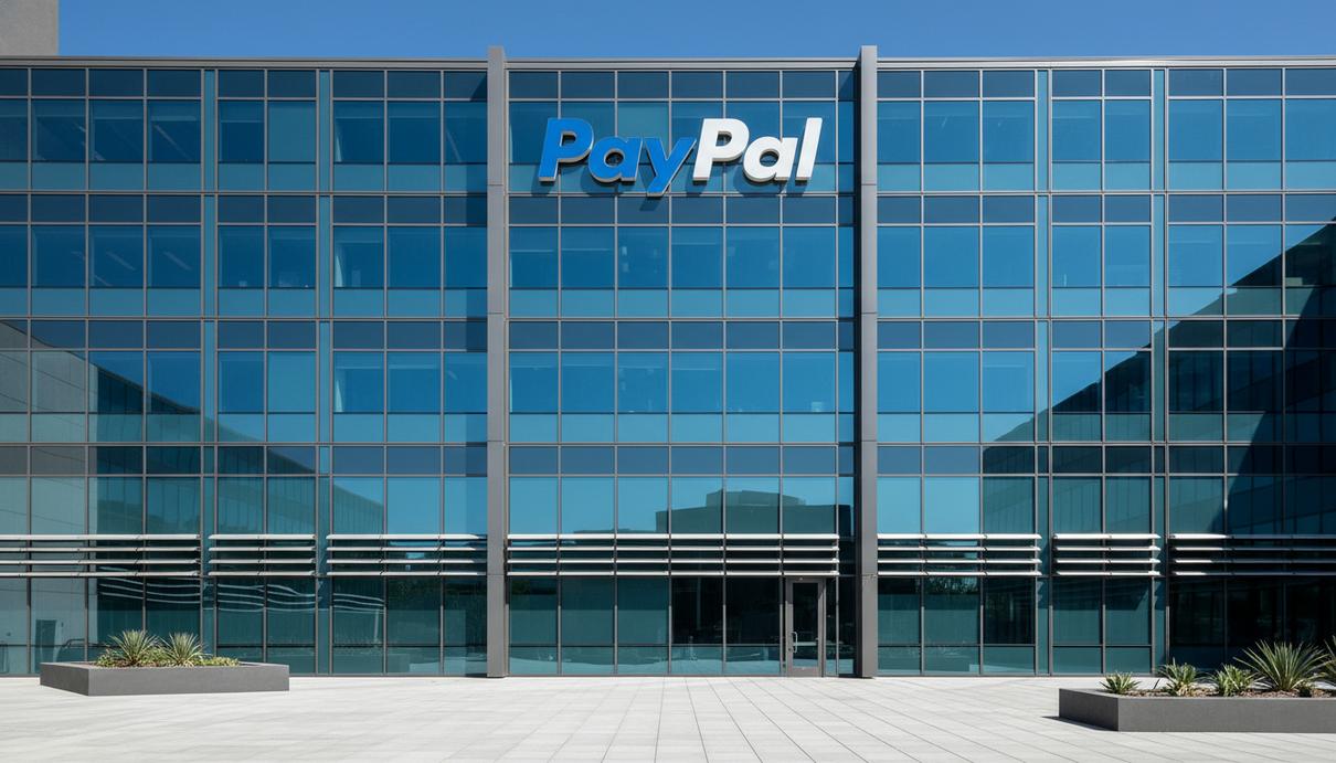 Логотип PayPal на стеклянном фасаде современного офисного здания в солнечный день.