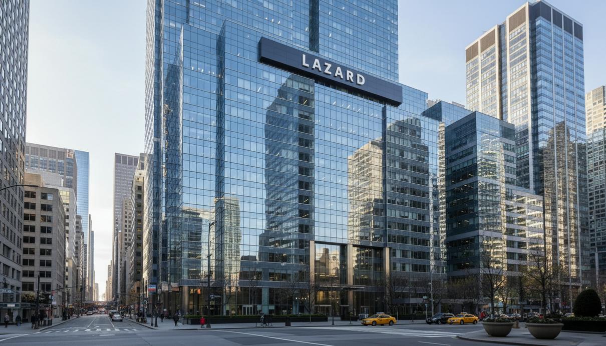 Фасад офисного здания в финансовом районе с логотипом компании Lazard на стене в лучах солнца