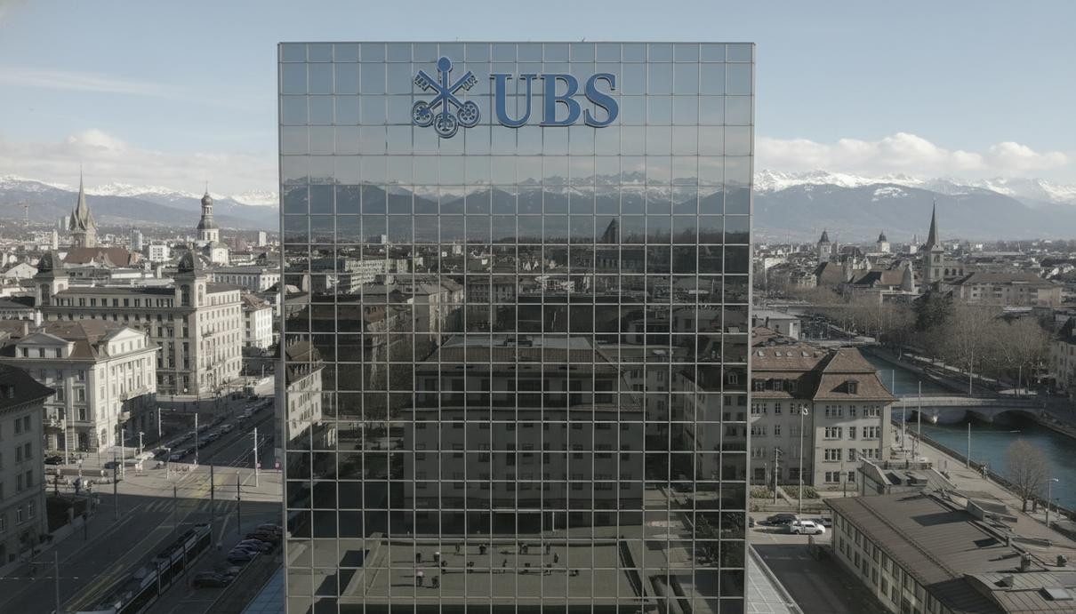 Фасад здания с логотипом банка UBS в современном финансовом районе города.