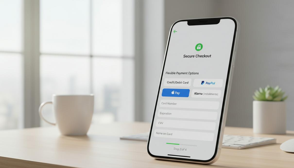 Klarna интегрирует сервисы рассрочки в Google Search и ИИ-приложение Gemini Смартфон с открытой страницей оформления заказа и кнопками выбора способа оплаты на офисном столе.
