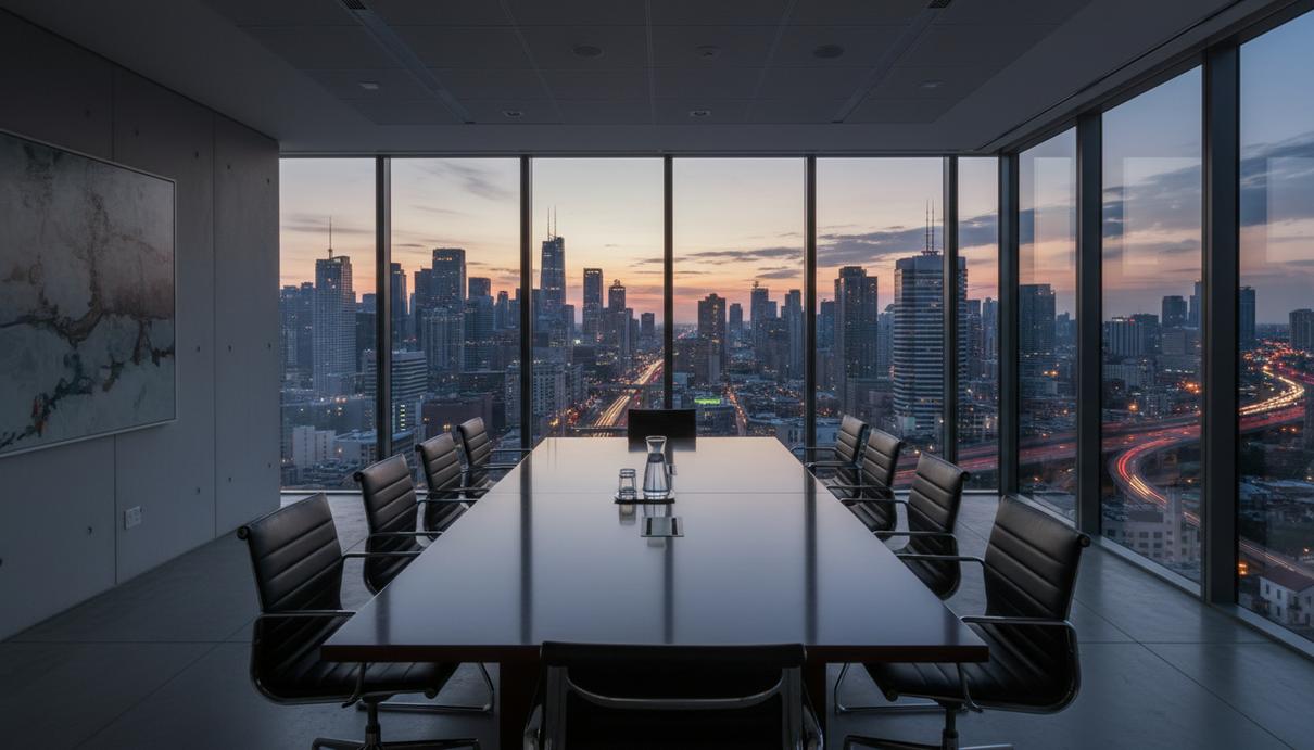 Fried Frank и Kirkland & Ellis возглавили рейтинги юридических советников M&A Интерьер пустого конференц-зала с видом на вечерний город сквозь панорамное окно