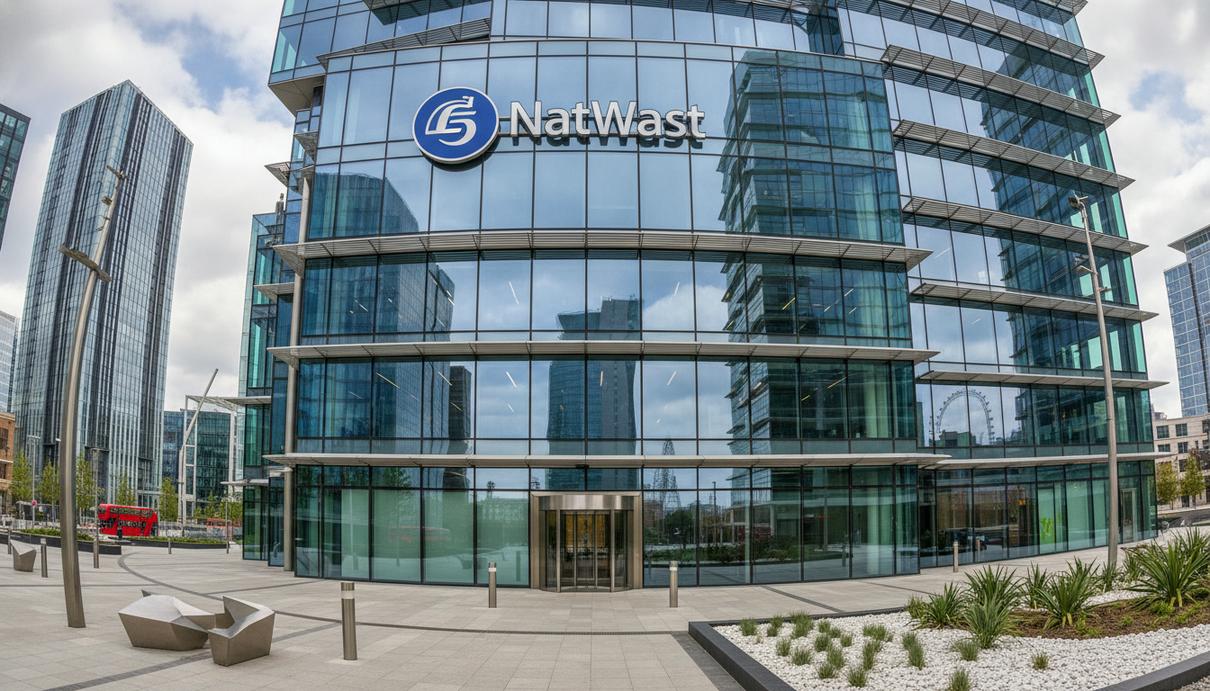 Стеклянный фасад современного офисного здания с логотипом банка NatWest в лучах утреннего света