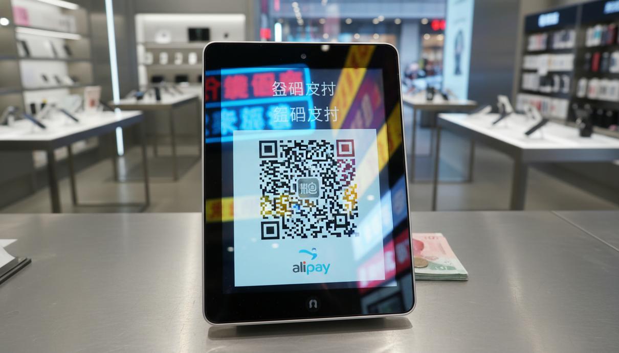 Платежный терминал с QR-кодом для оплаты в витрине магазина на торговой улице города в Китае.