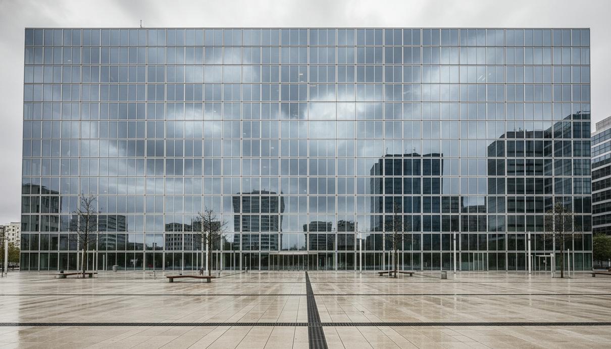Стеклянный фасад современного здания банка Societe Generale в Париже под облачным небом
