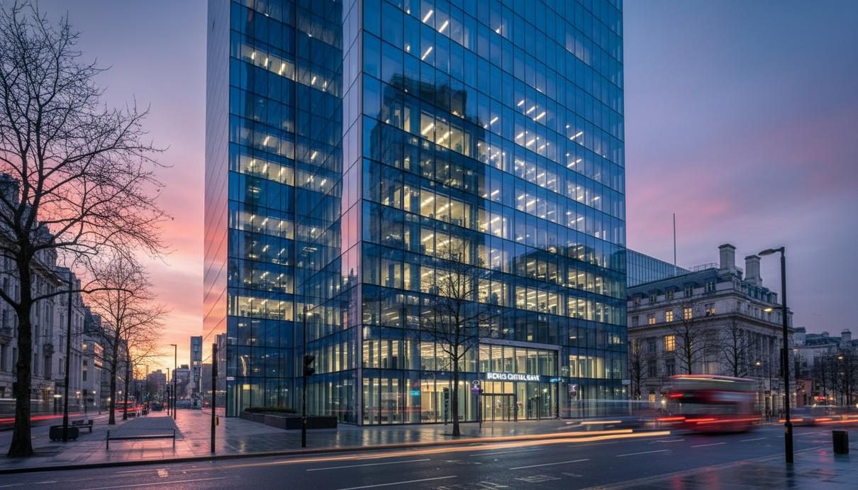 Британские строительные общества Yorkshire и Leeds могут купить Atom Bank Современное офисное здание из стекла и бетона в финансовом центре Лондона в сумерках